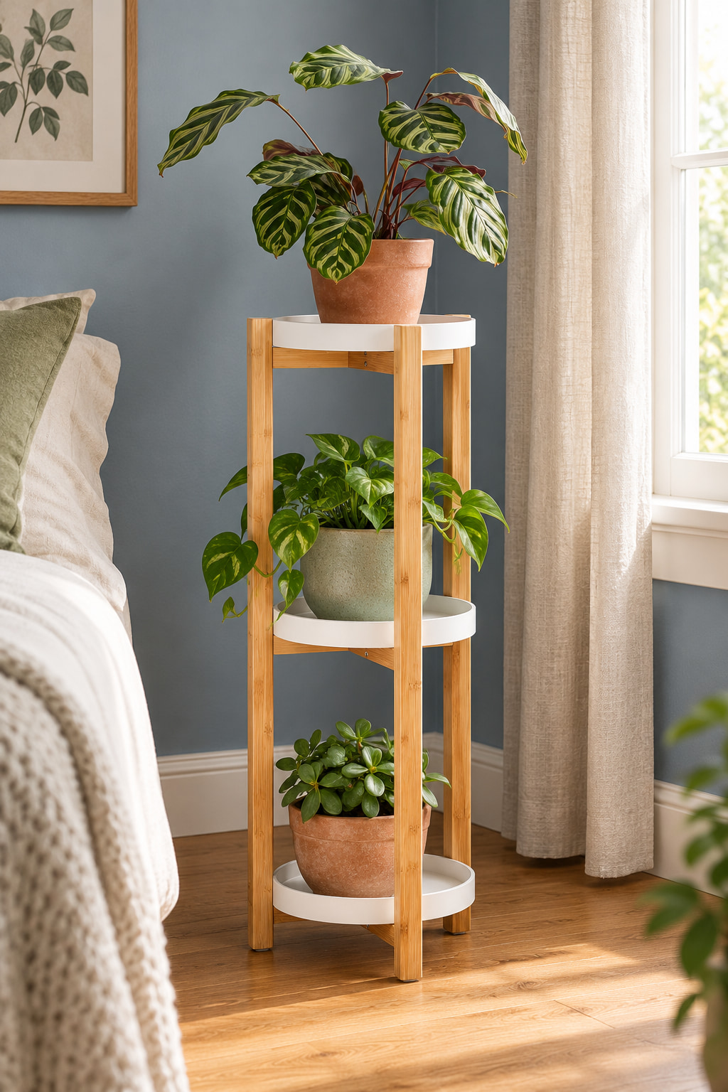 Illustrated blue-grey bedroom corner with a three-tier bamboo plant tower, shallow white trays and terracotta pots beside a linen curtain and bed.