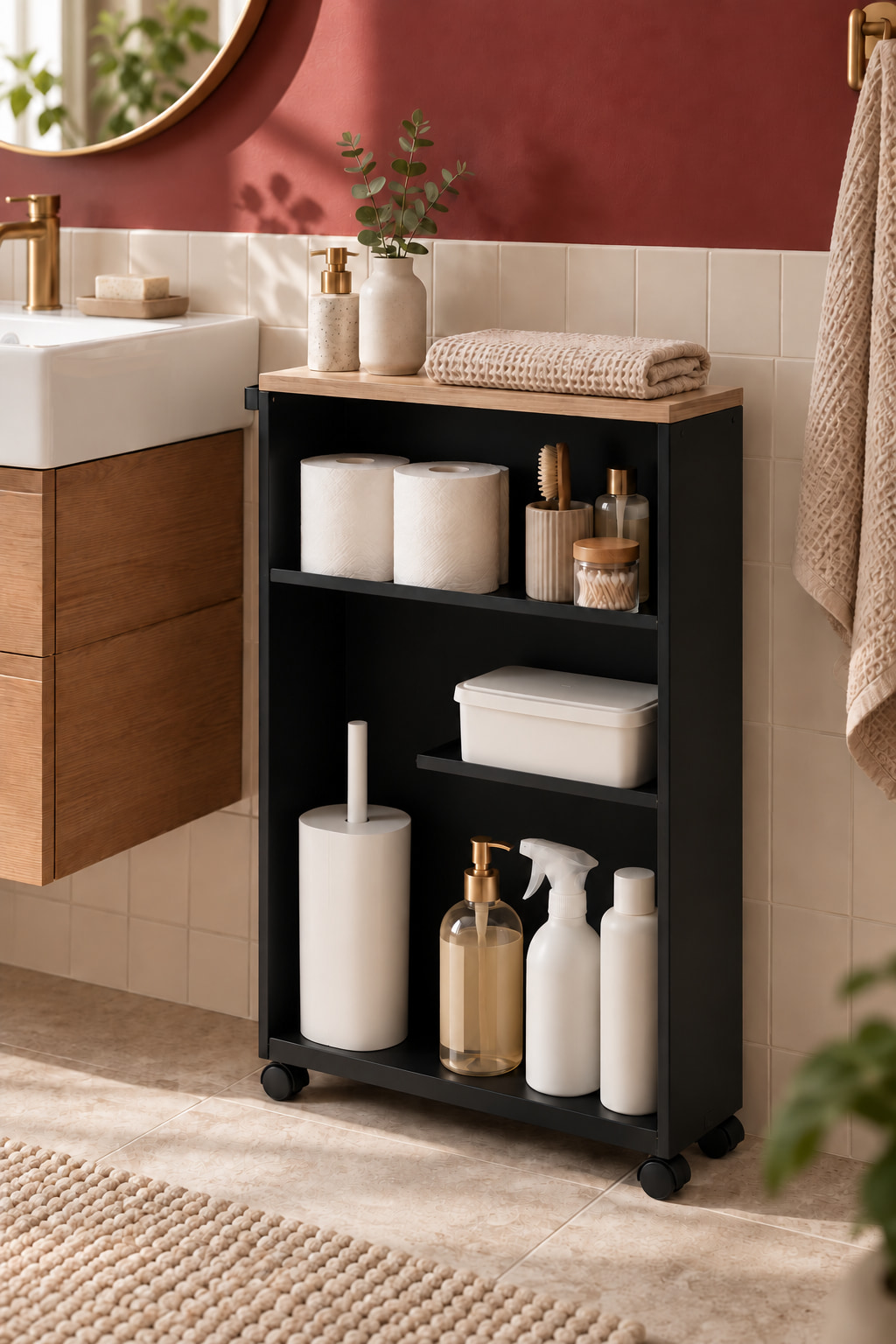 Black wheeled bathroom cart with a wooden top, a full-width shelf and a short right-hand shelf, beside a basin.
