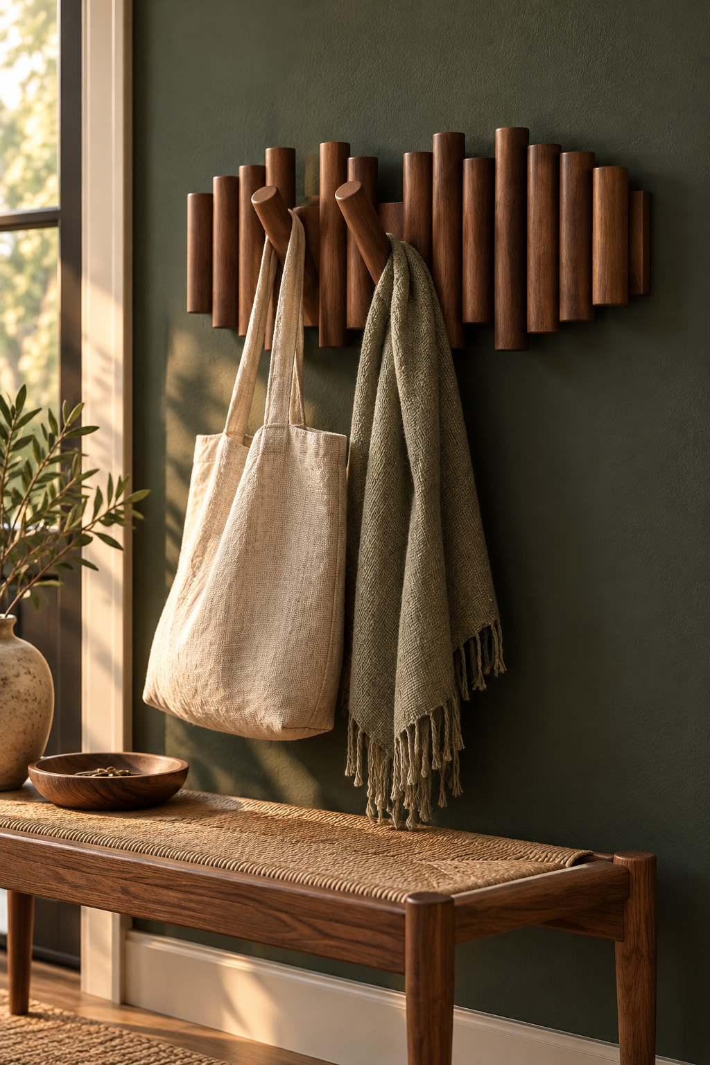 Walnut-coloured wooden wall hooks holding a linen bag and green scarf above a woven bench.