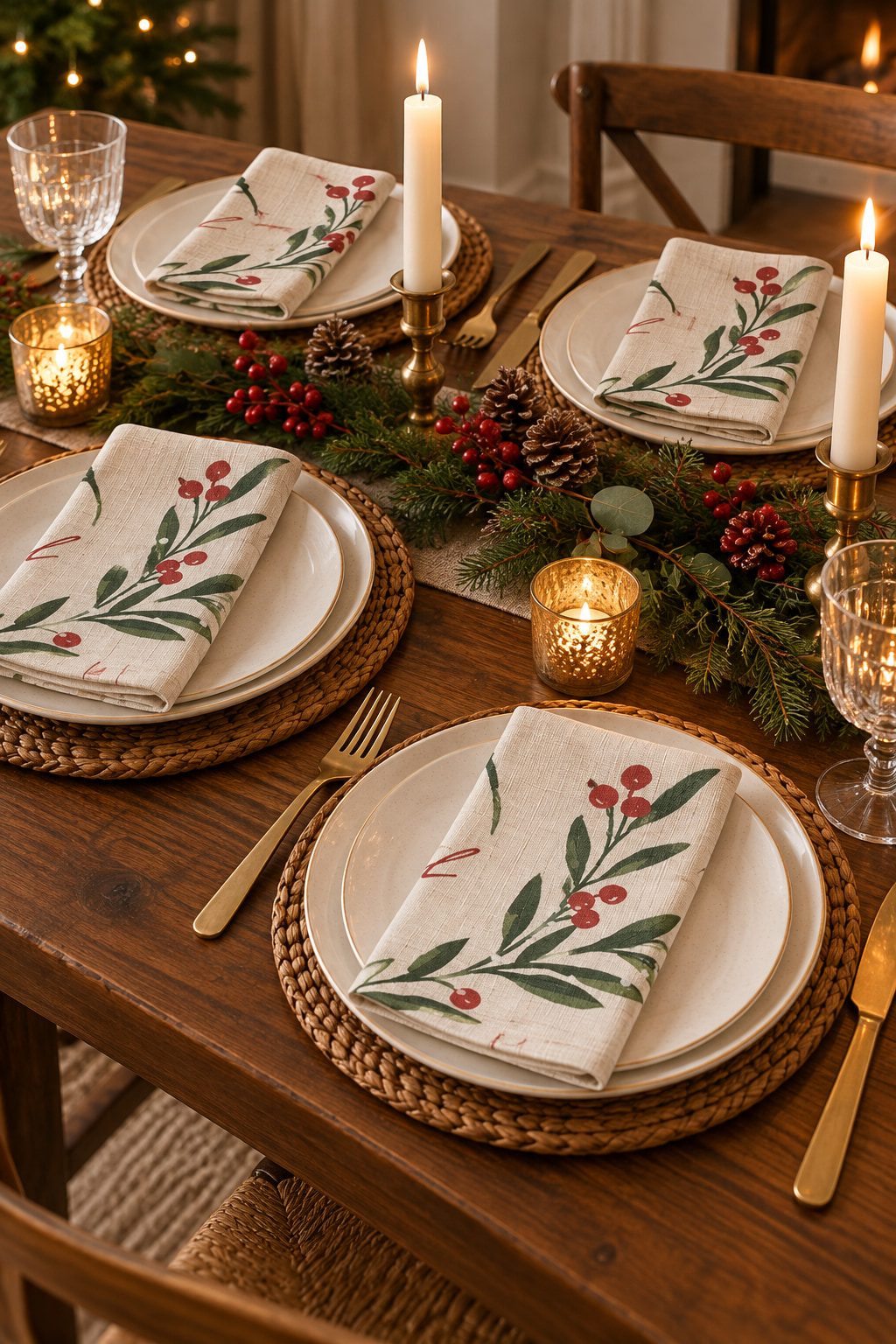 Four cream fabric napkins printed with green leaves and red berries, folded on white plates around a wooden festive dining table.
