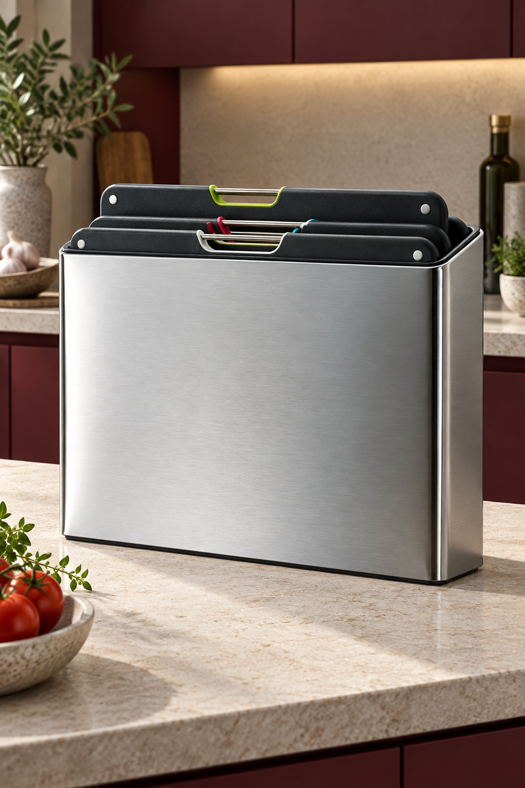 A stainless-steel case holding four dark chopping boards with coloured handle tabs, on a limestone counter in a burgundy kitchen.
