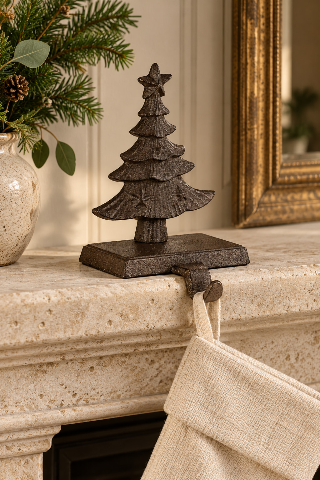 A cast-iron Christmas tree stocking holder with a weighted base and front hook, supporting an empty cream stocking on a stone mantel.