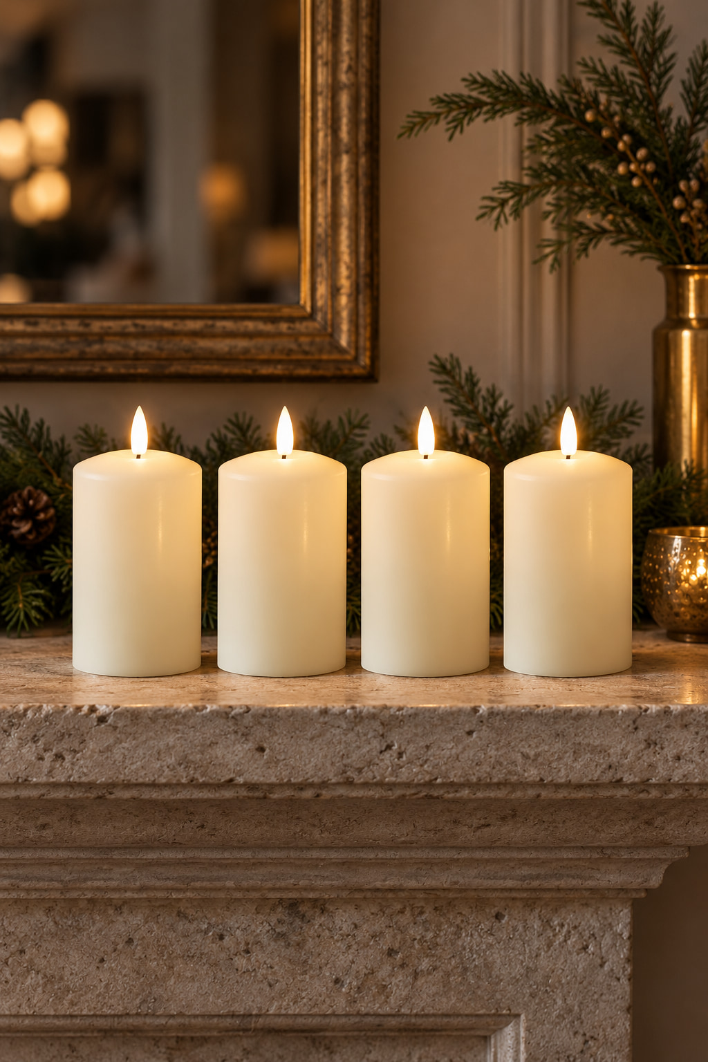 Four equal-height ivory LED pillar candles in a straight row on a stone mantel, with evergreen branches behind them.