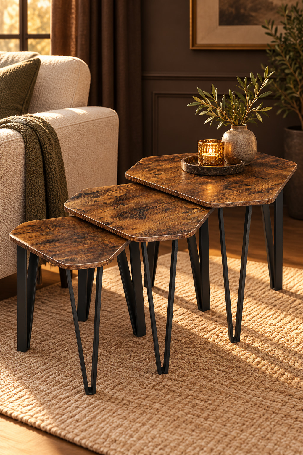 Three triangular wood-effect nesting tables on black tapered supports in a warm sitting room.