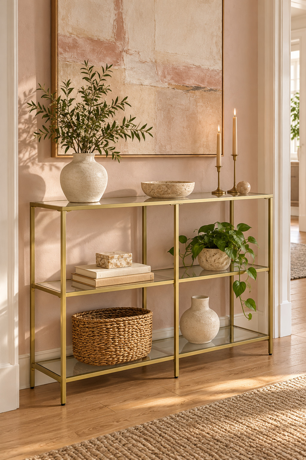 Gold-coloured glass console with three shelves against a pale peach wall, beneath framed art.