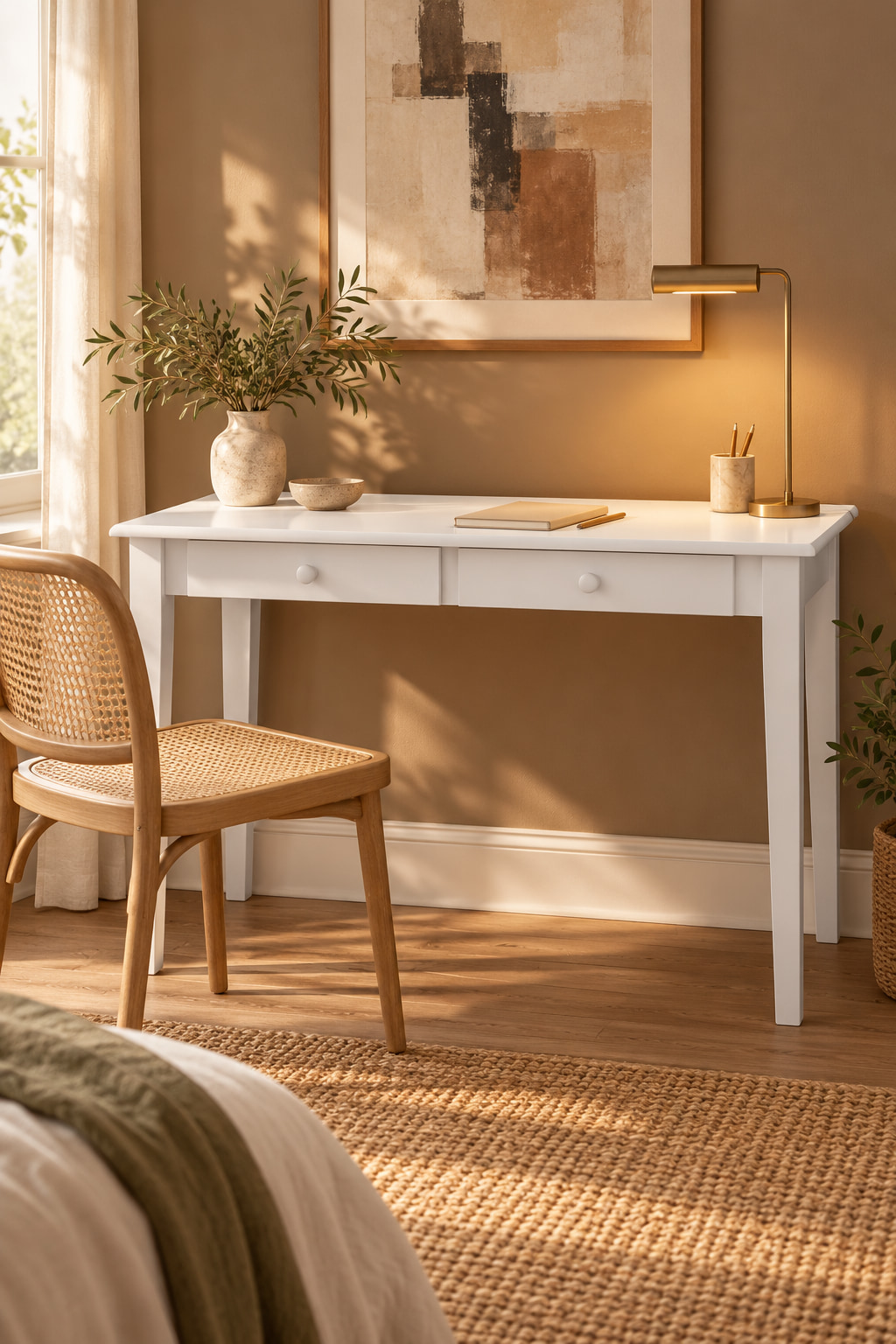 White two-drawer desk in an ochre-coloured study, paired with a cane chair.