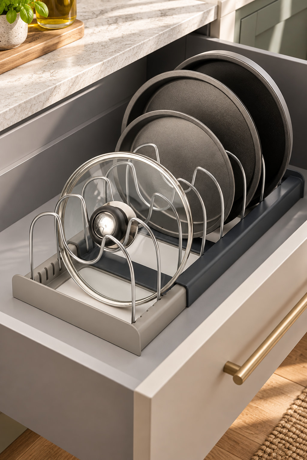 A grey expanding rack with metal dividers holding lids and baking trays upright inside an open kitchen drawer.