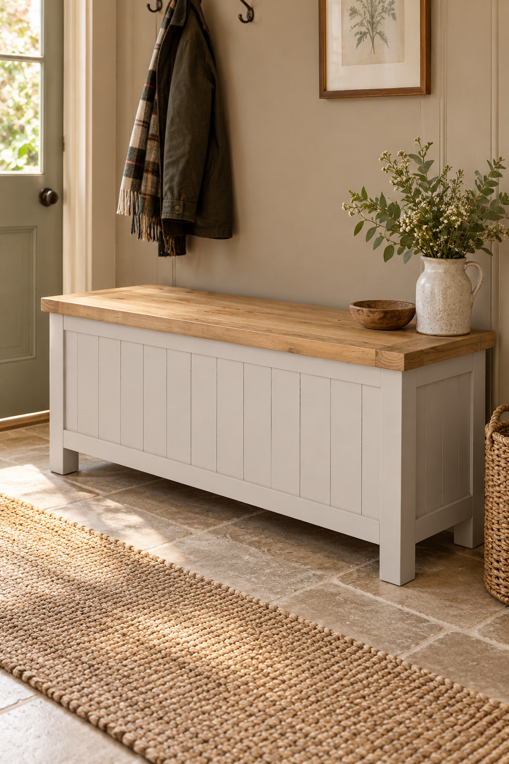 Grey-washed wooden storage bench with a natural wood lid in a light stone-coloured hallway.