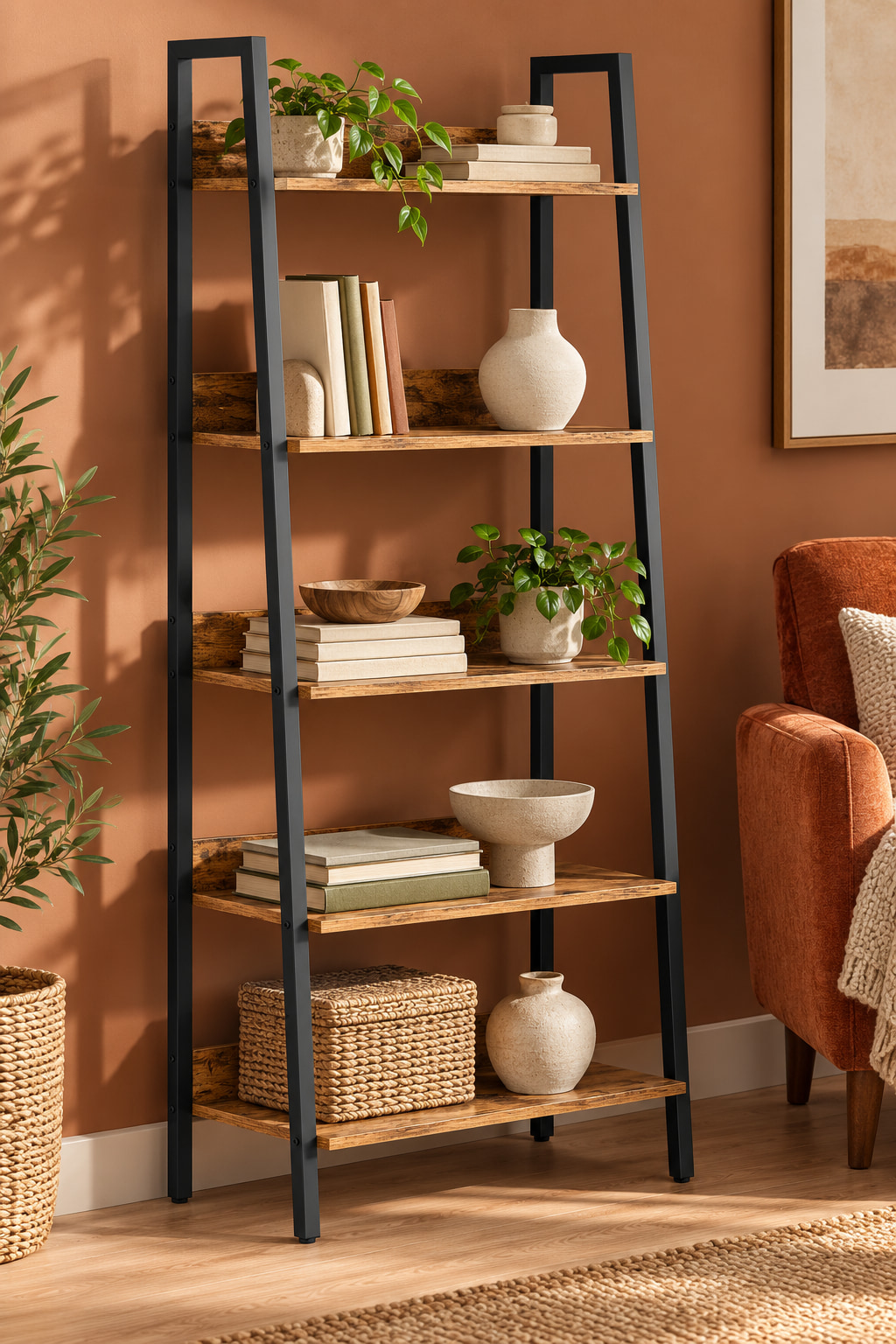 Five-tier wood-effect ladder shelf with a black frame against a clay-coloured wall.