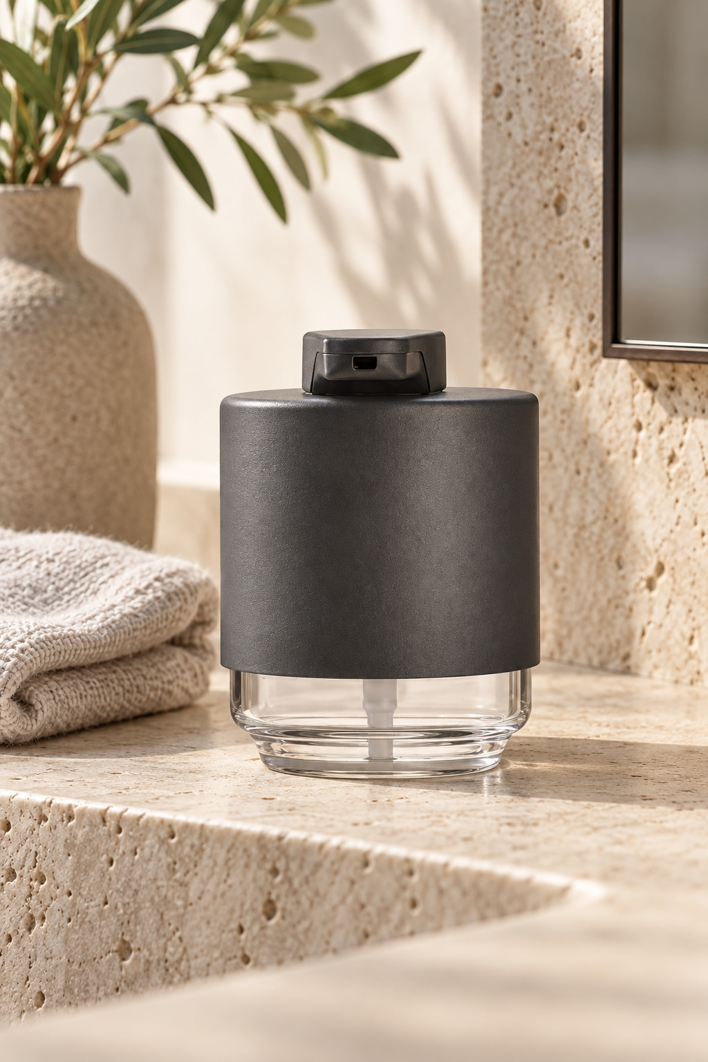Dark grey soap dispenser with a clear lower reservoir on a stone bathroom counter.