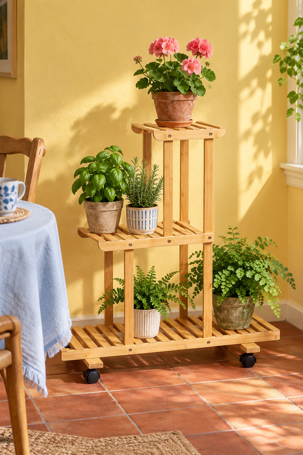 Illustrated yellow breakfast room with a wheeled three-level bamboo plant display, pink pelargonium on top, herbs and ferns below, beside blue table linen.