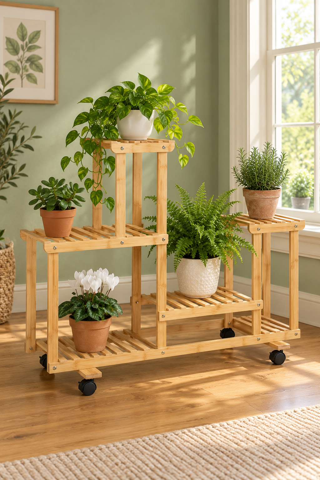 Illustrated green garden room with an asymmetric six-shelf bamboo plant rack on black castors holding small plants in terracotta and white pots.