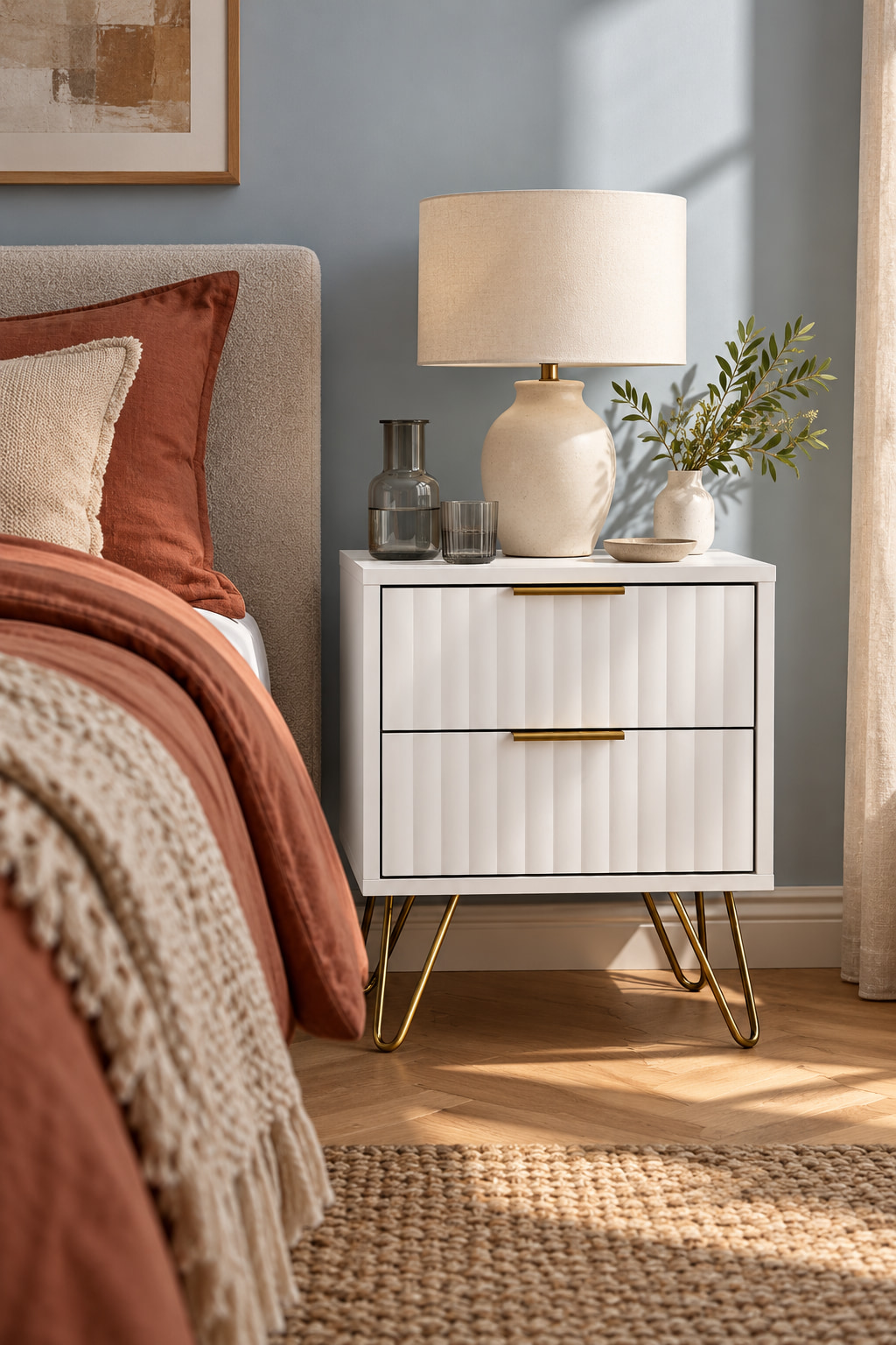 White fluted bedside cabinet on brass-coloured hairpin legs beside rust bedding and a blue wall.