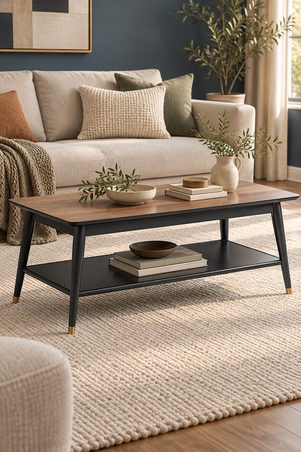 Walnut-effect coffee table with a black frame and lower shelf in front of a blue sofa.