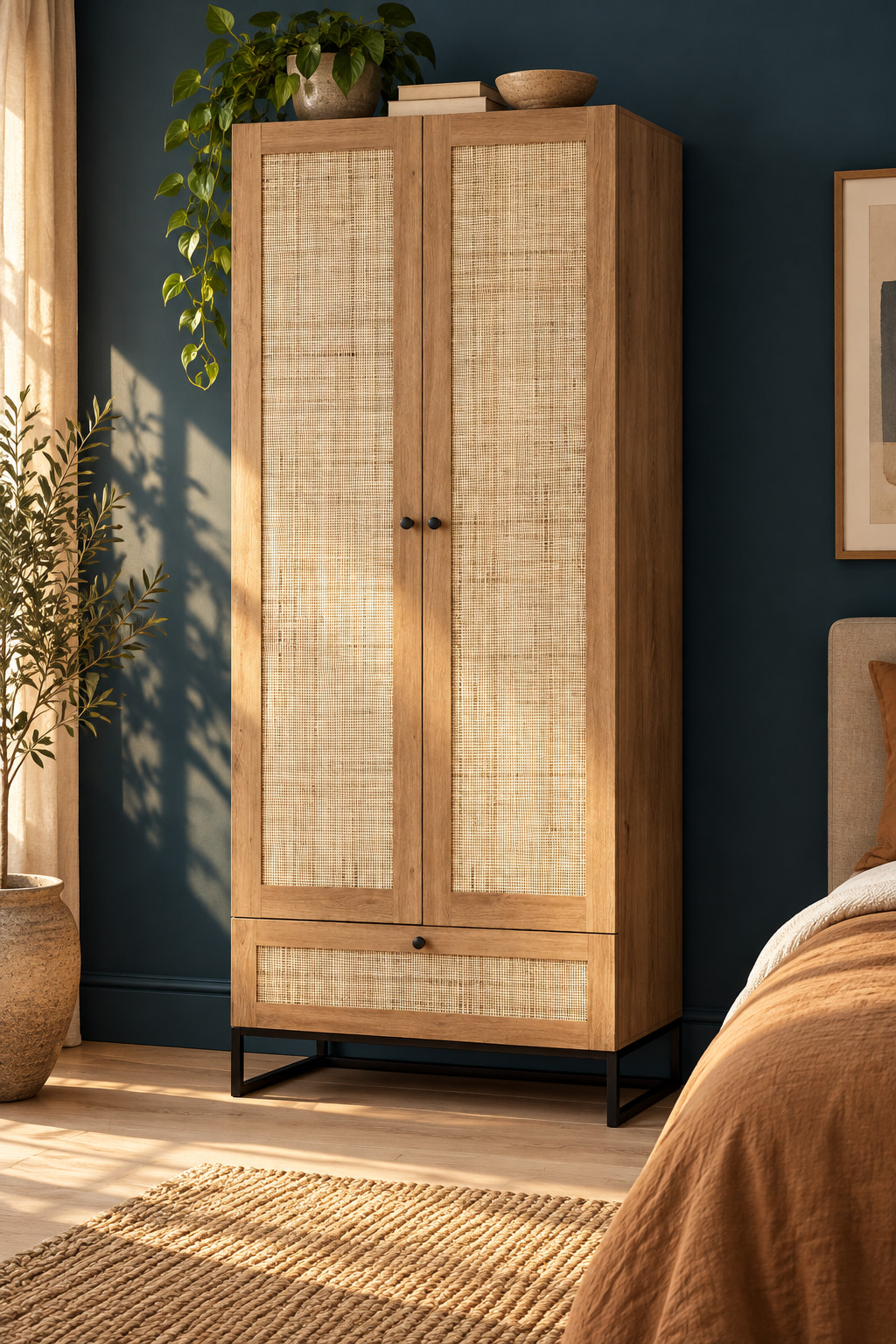 Oak-effect wardrobe with woven door panels and a black base against a deep petrol bedroom wall.