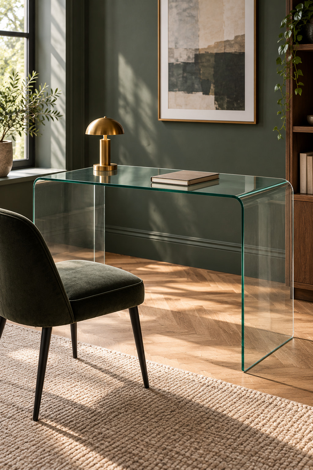 Transparent curved-glass desk in a study with a green wall.