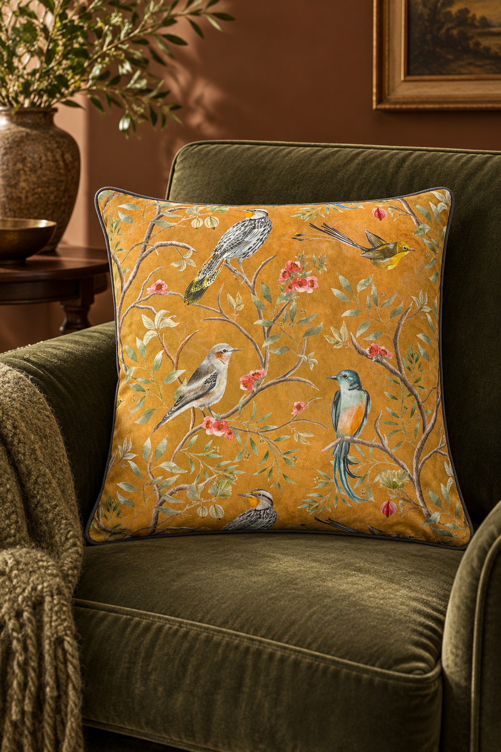 Gold bird-patterned cushion with grey piping on an olive velvet armchair.