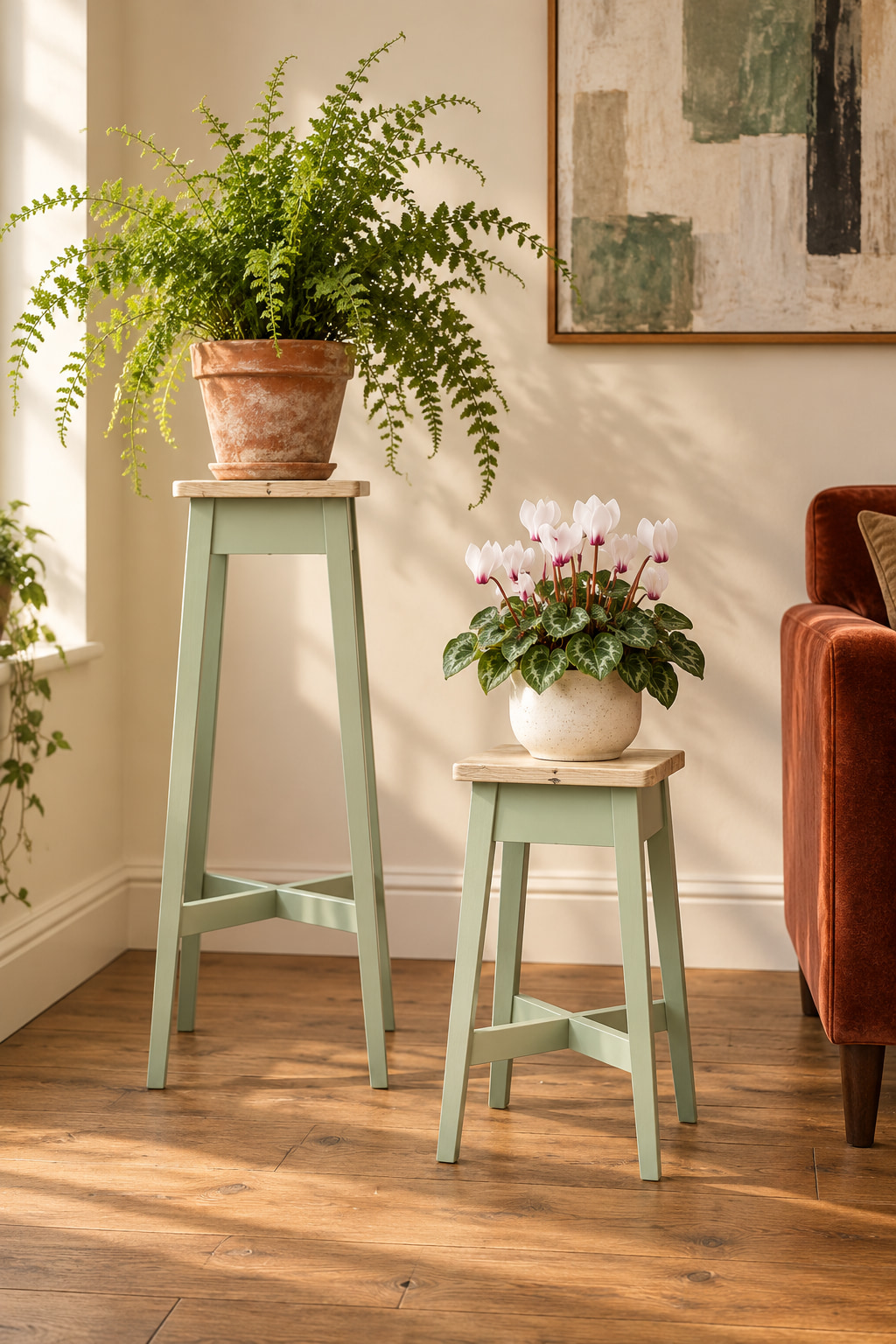Illustrated sitting room with tall and short sage-green wooden plant pedestals, natural wood tops, fern and white cyclamen beside a rust sofa.