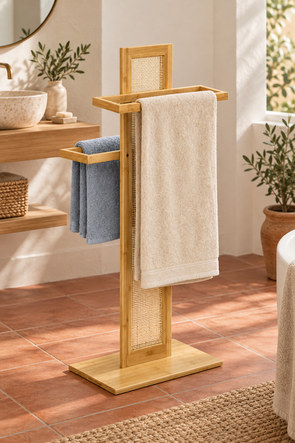 Bamboo and rattan towel stand holding cream and blue towels in a sunlit tiled bathroom.