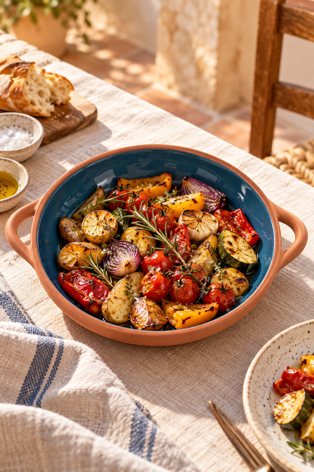 Roasted vegetables in a blue-glazed terracotta dish with two clay handles, on a linen-covered table.