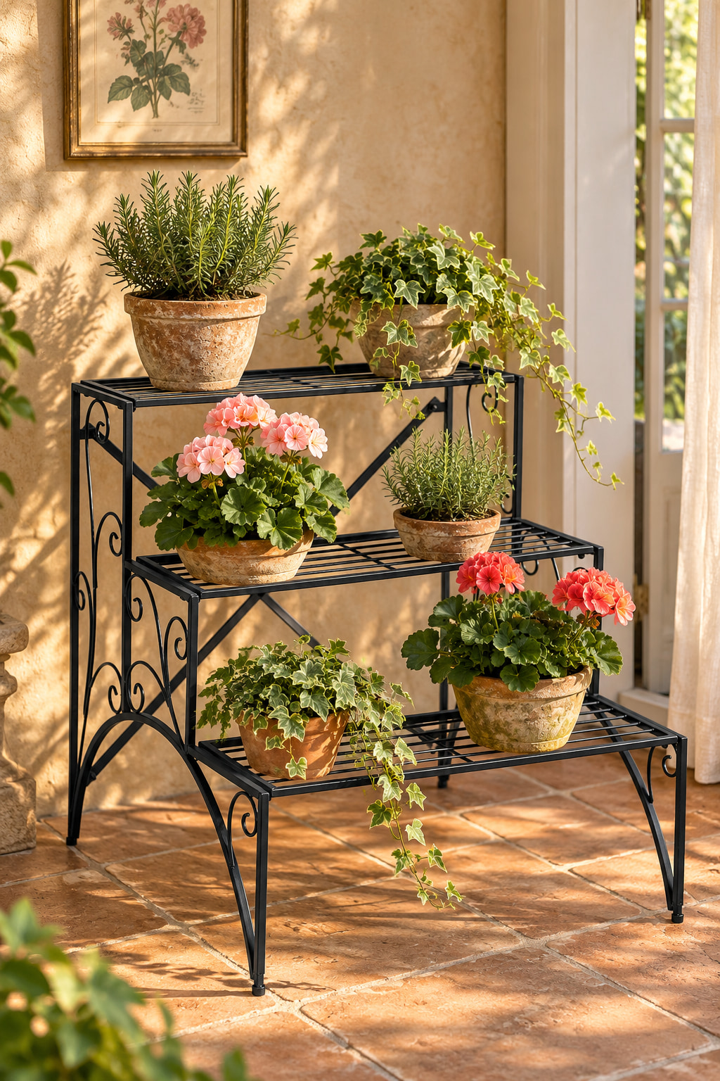 Illustrated garden-room corner with a black three-step metal plant stand, terracotta pots of rosemary, ivy and pink geraniums, warm plaster and a glazed door.