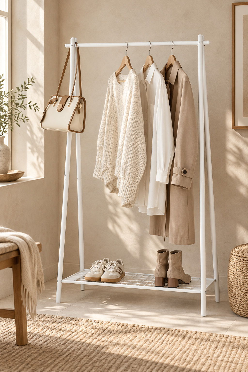 White open clothes rail holding a small selection of garments, with shoes on its lower shelf.