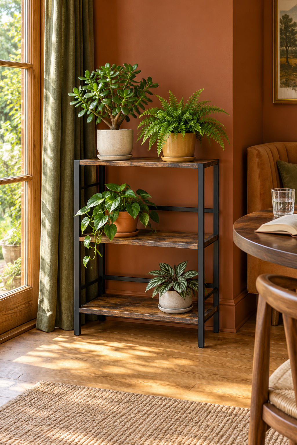 Illustrated plant display on three brown shelves in a black metal frame, against a terracotta wall beside green curtains. Four potted plants sit near a mustard seat, wooden table and sunlit window.
