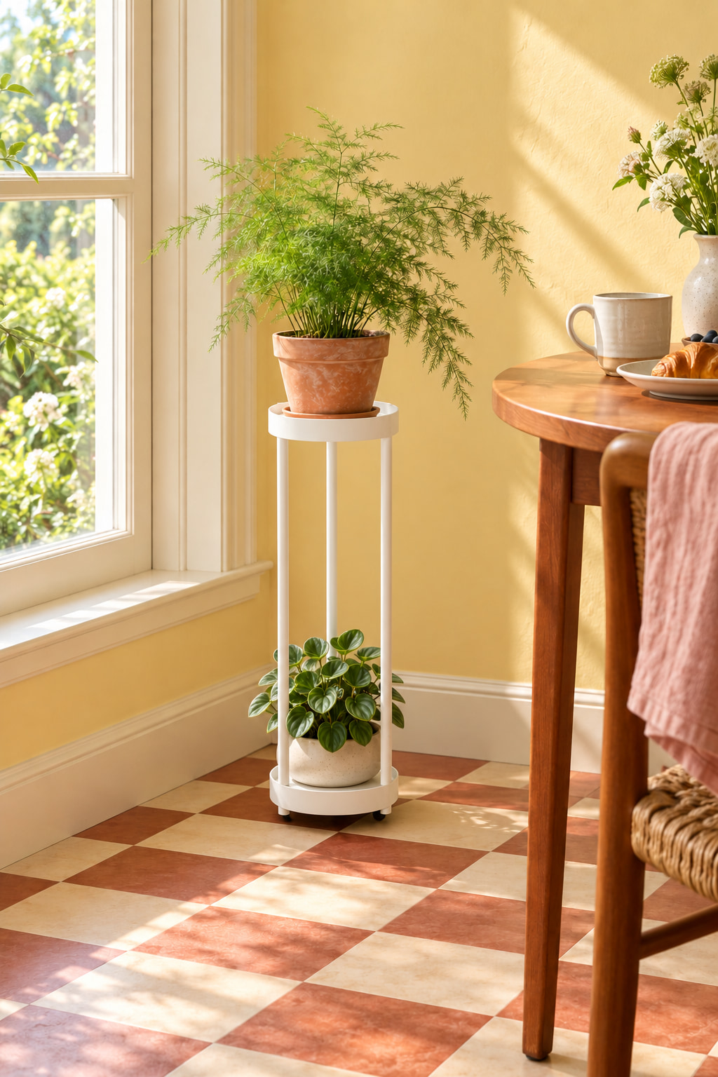 Illustrated breakfast corner with a white two-tier plant stand, a feathery fern above and a smaller leafy plant below. Yellow walls and a terracotta-and-cream checked floor surround a wooden table and pink-draped chair.
