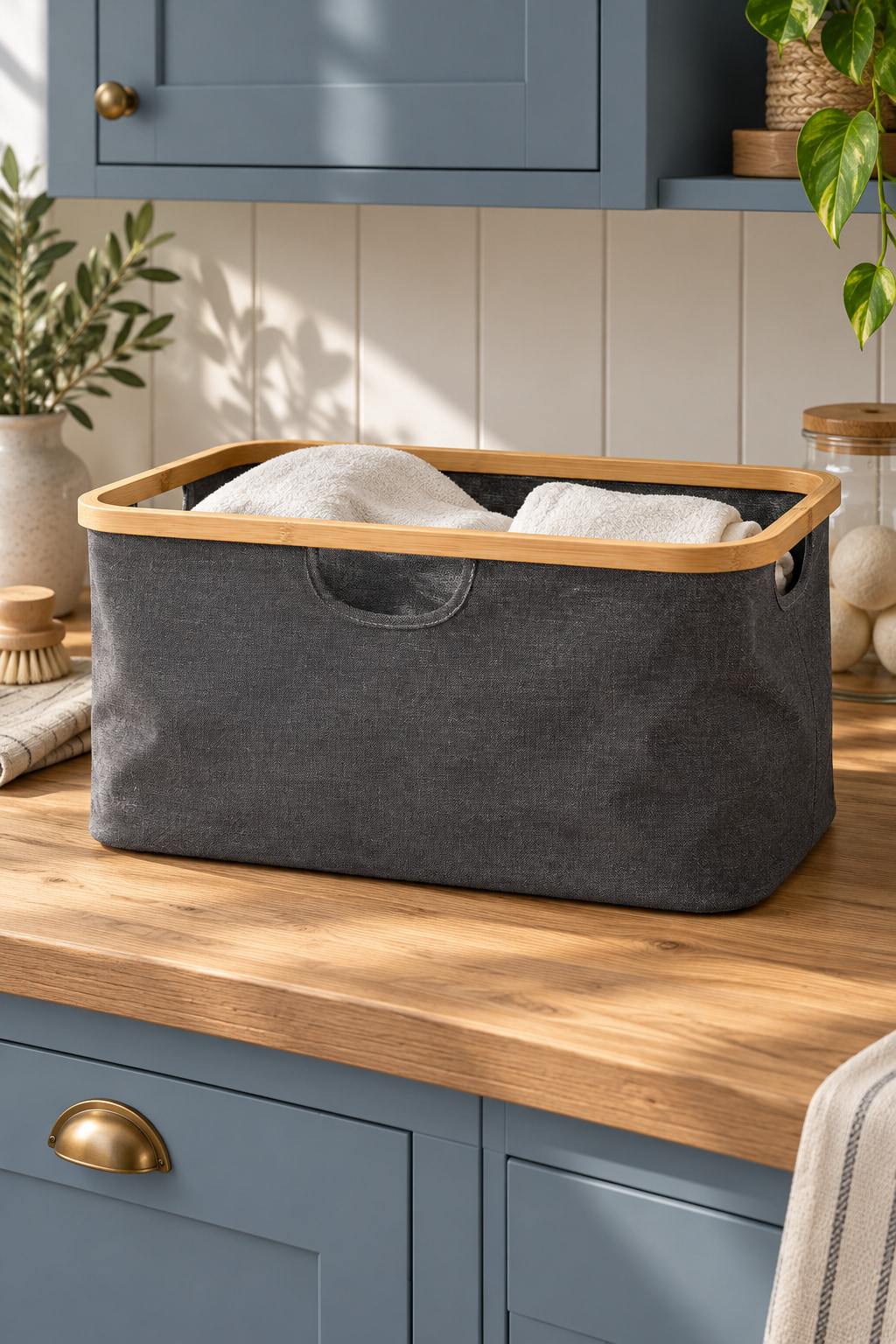 Charcoal fabric laundry basket with a bamboo rim and white towels on a wooden utility counter.