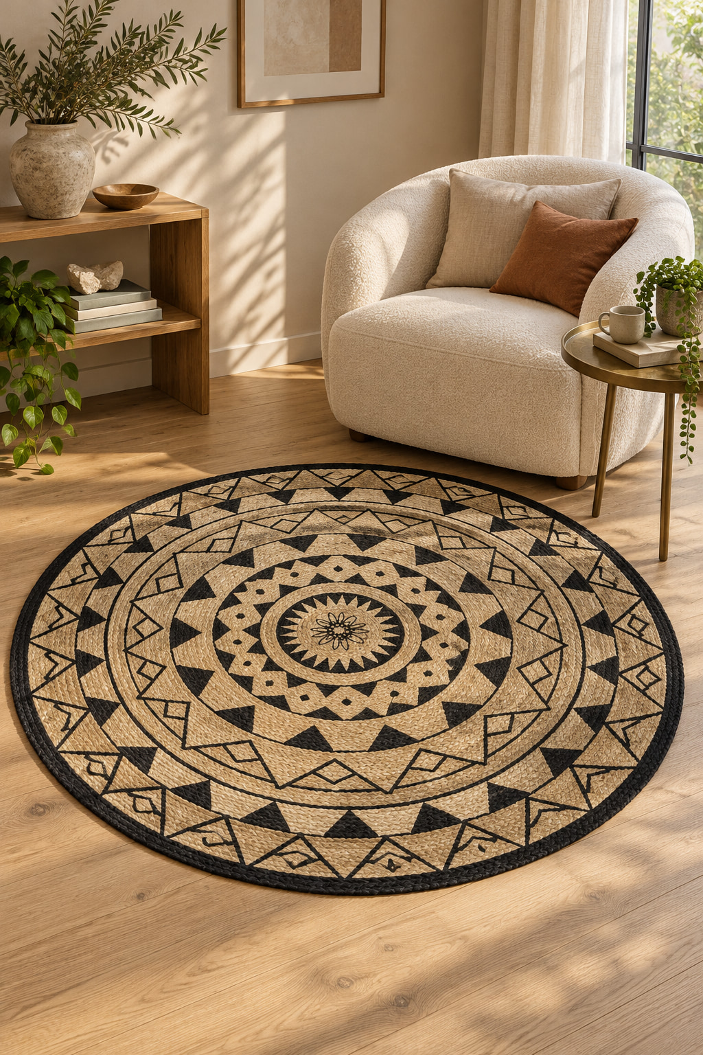 Round natural jute rug with black geometric rings in front of a cream armchair.