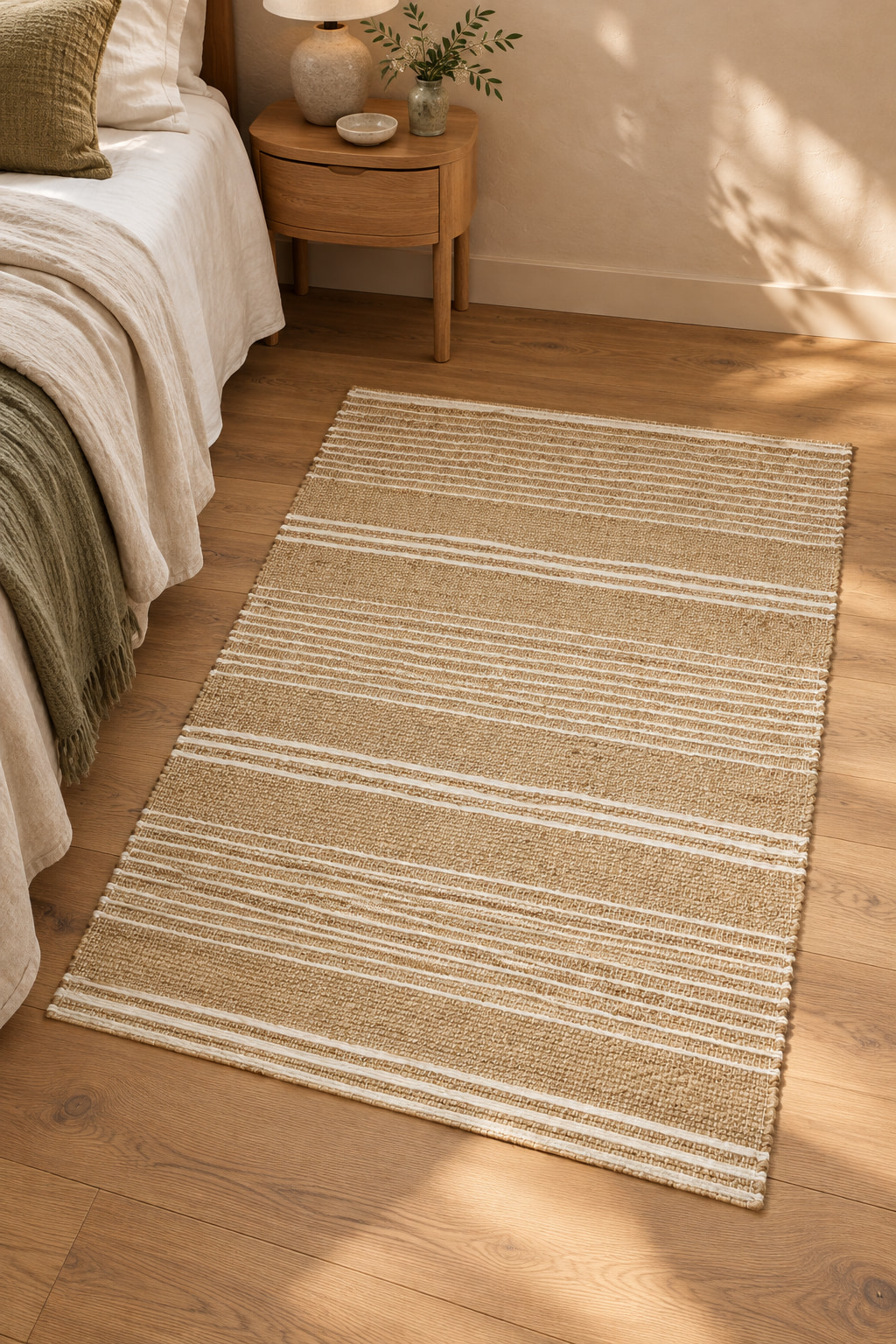 Natural and cream striped rectangular rug laid beside a bed on an oak floor.