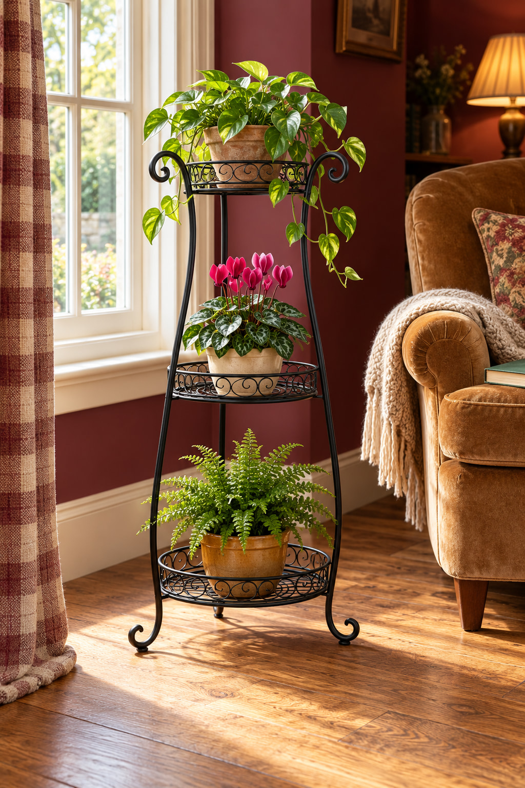 Illustrated cottage living room with a trailing plant, pink flowers and a fern on a black three-tier scrollwork stand. Deep red walls, a checked curtain, a mustard velvet armchair and a lit lamp frame the sunny window corner.