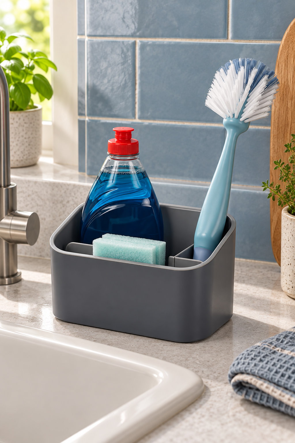 A grey divided sink caddy holding a brush, sponge and washing-up bottle beside a ceramic sink and blue tiled wall.