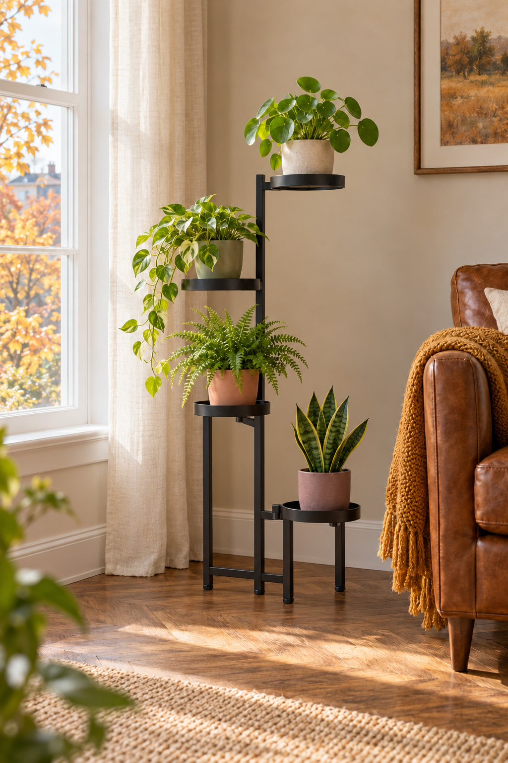 Illustrated living-room corner with four potted plants on staggered circular trays of a tall black stand, beside a sash window, linen curtain and brown leather armchair with a mustard throw.