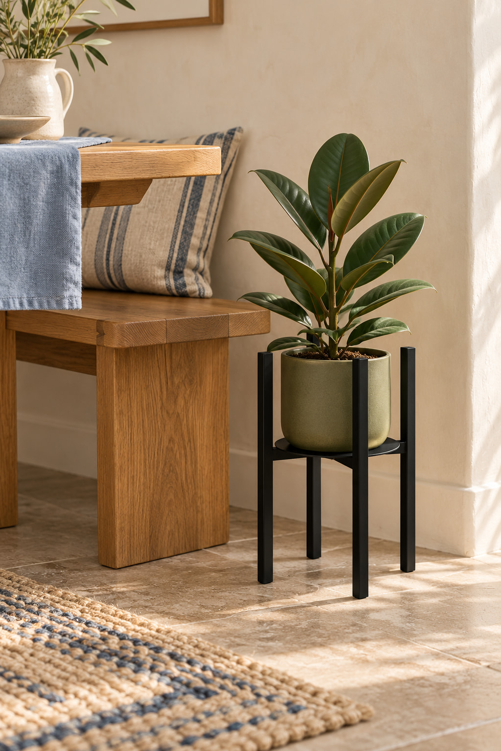 Illustrated breakfast nook with a rubber plant in an olive pot on a slim black four-post stand beside an oak bench and blue-striped cushion.