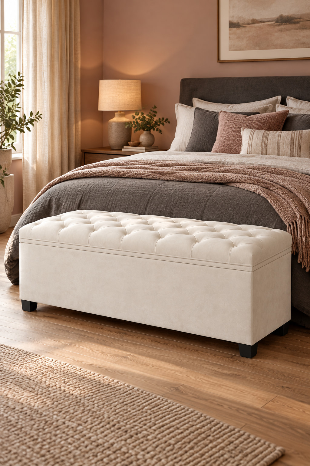 Cream tufted storage ottoman on the wooden floor at the foot of a charcoal bed.