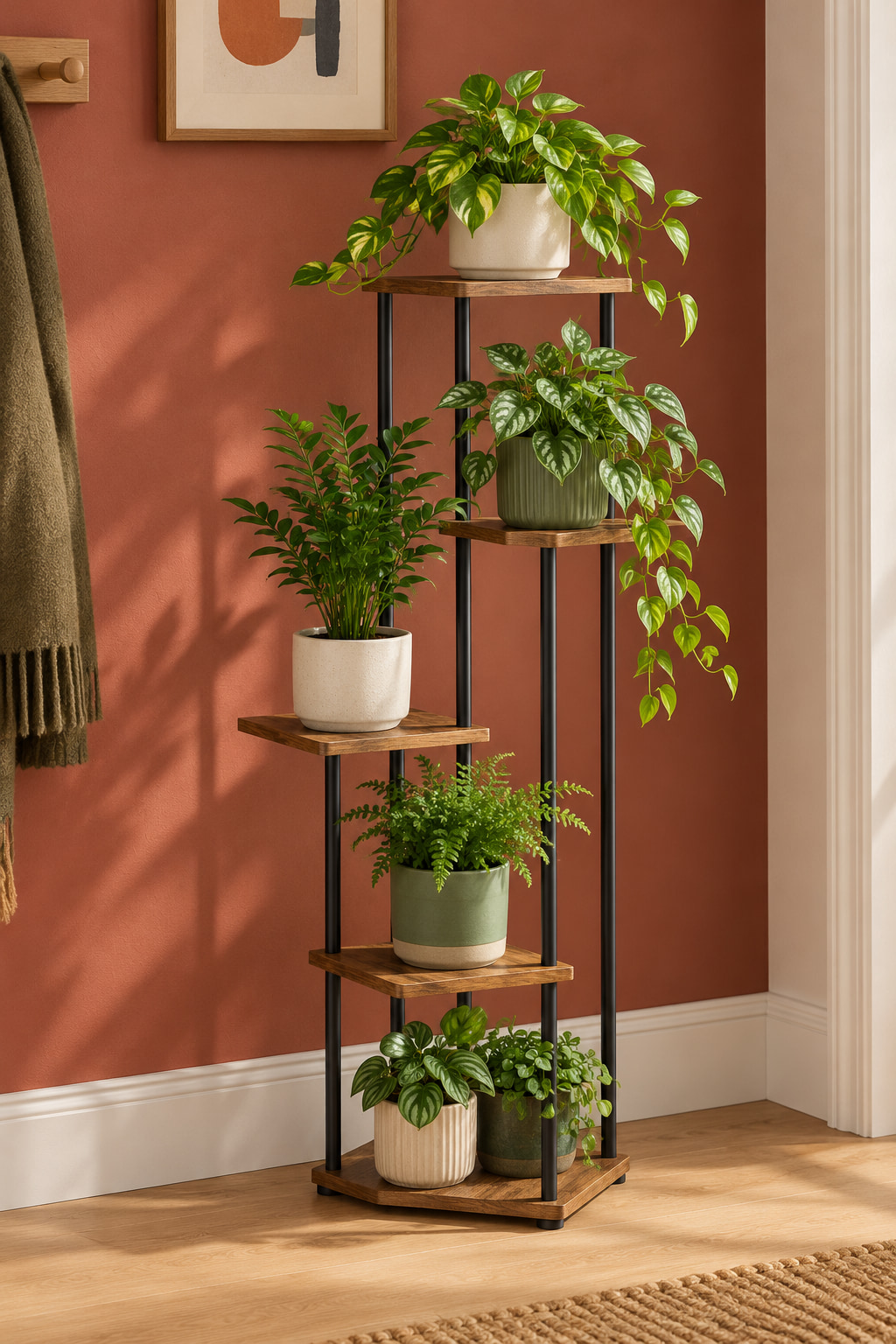 Illustrated terracotta hallway with a tall black metal plant stand and five staggered brown shelves holding small green plants beneath a wall-hung abstract print.