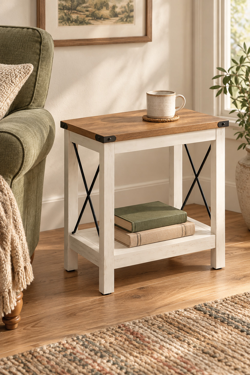 Narrow white and brown two-tier side table with crossed sides beside an olive armchair.