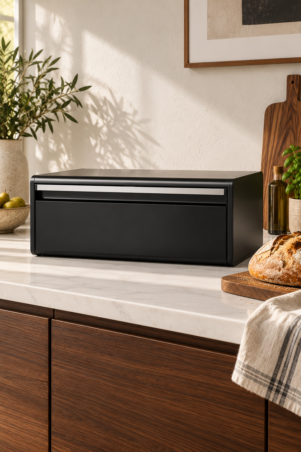 A matt-black fall-front bread bin with a silver handle on a pale stone kitchen worktop, beside a loaf and dark timber cabinetry.