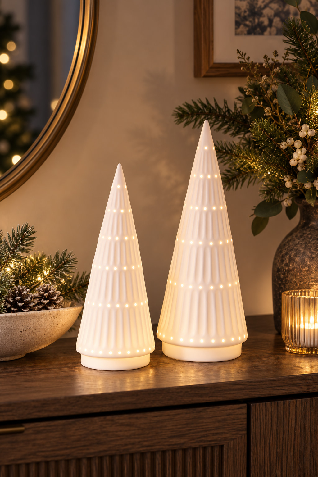Two slender white ceramic cone-shaped Christmas trees glowing through rows of small holes, on a dark wooden console.
