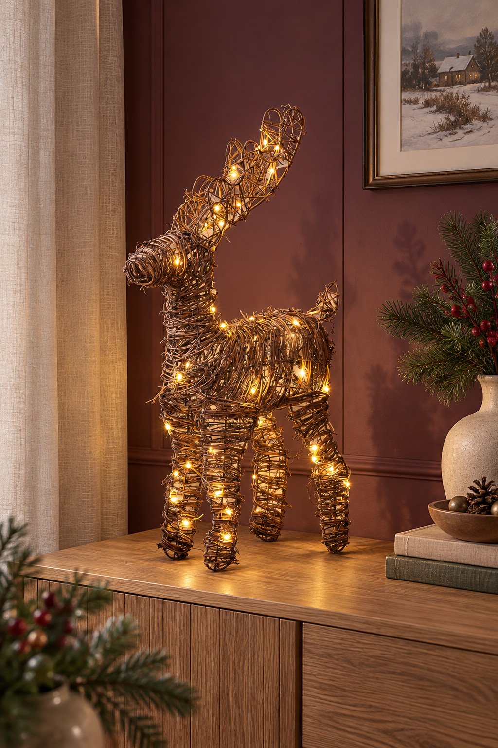 A standing rattan reindeer wrapped with warm lights on an oak console against a plum wall, with a framed winter scene above.