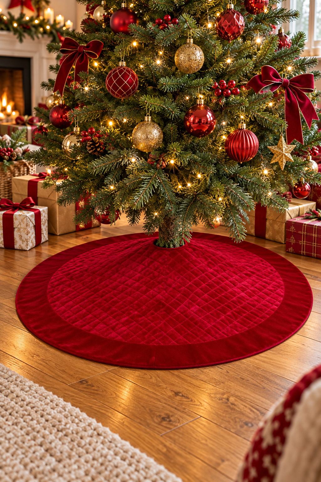 A round red velvet Christmas tree skirt with a diamond-quilted centre and smooth border, beneath a decorated tree on an oak floor.