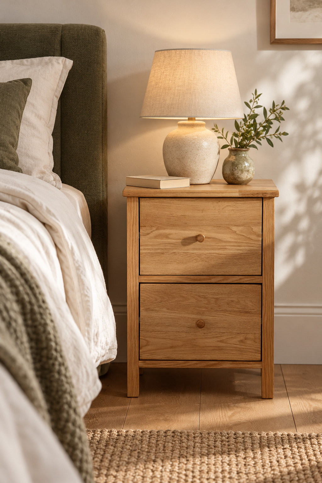Two-drawer oak bedside cabinet beside a green bed, with a white wall lamp above.