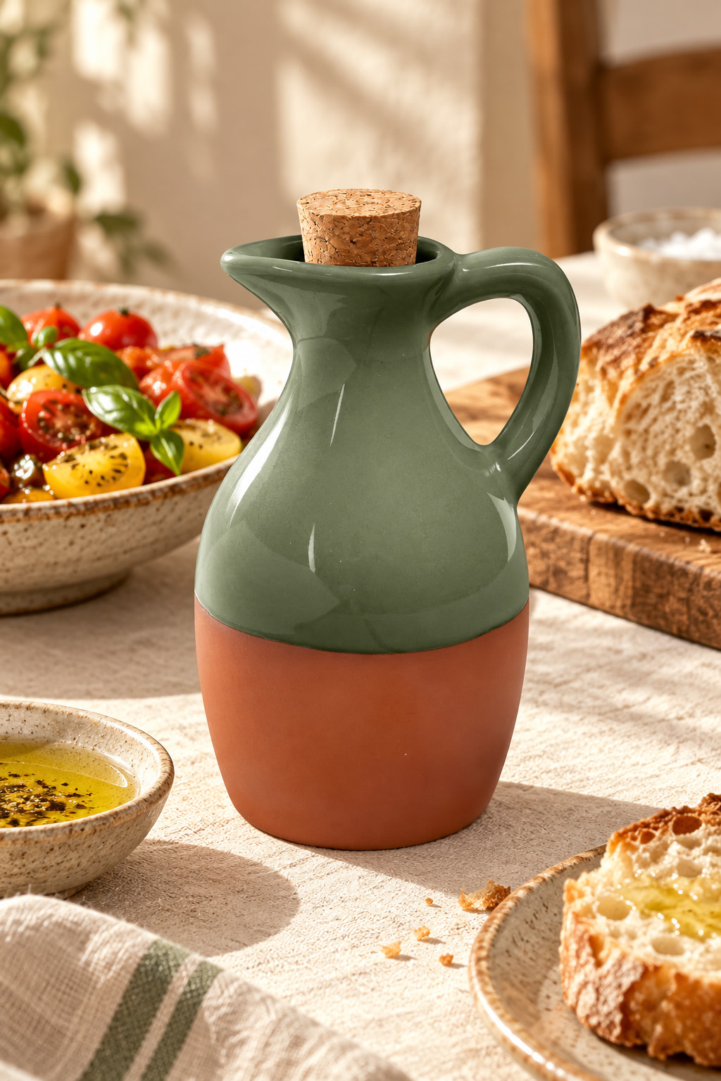 A small olive-green glazed terracotta oil drizzler with a cork stopper and exposed clay base, beside bread and tomato salad.