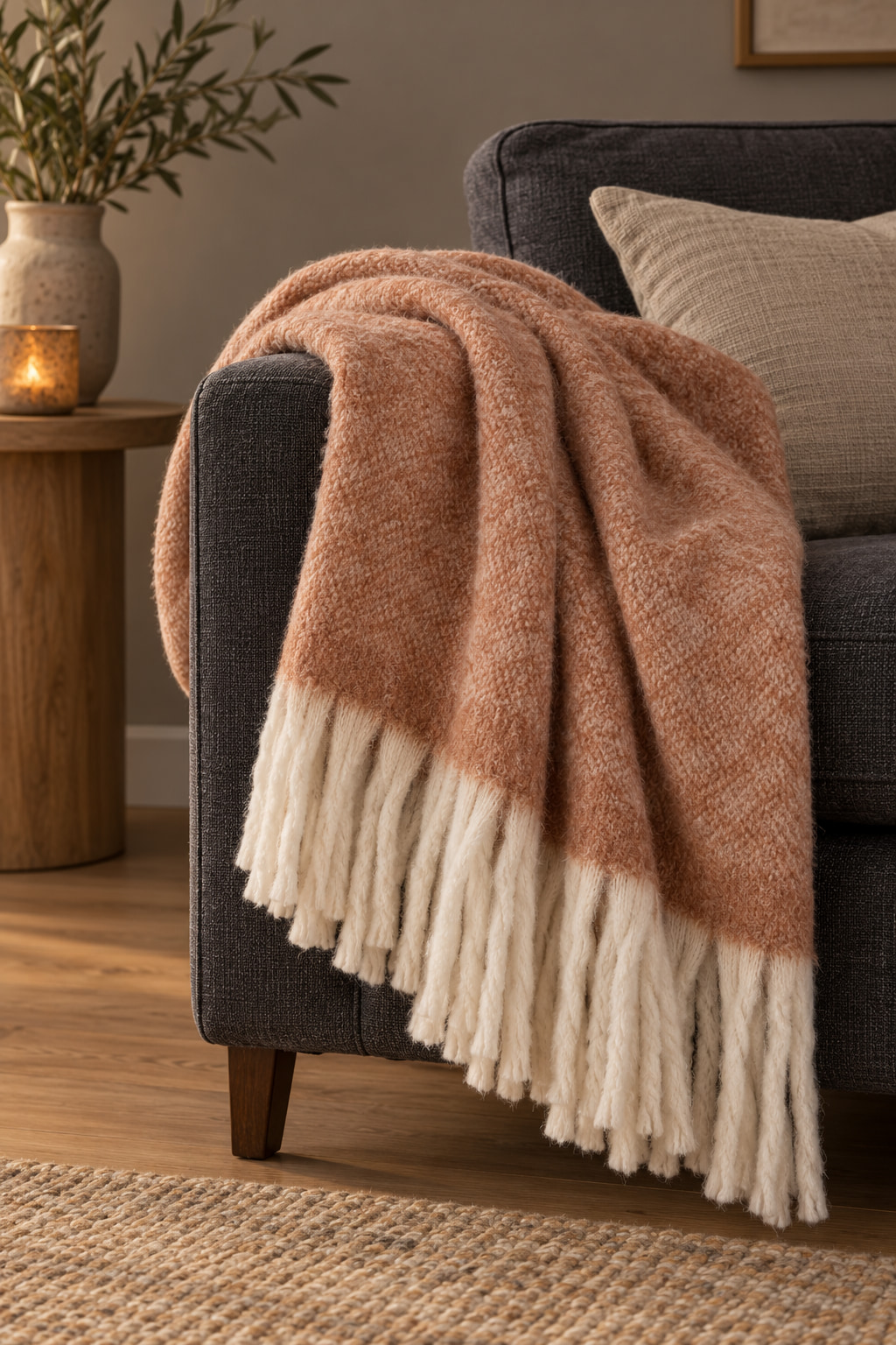 Rust-coloured throw with cream fringe draped over the arm of a charcoal sofa.