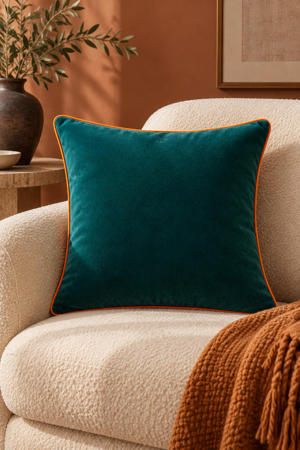 Teal velvet cushion with orange piping on a cream textured armchair against a terracotta wall.