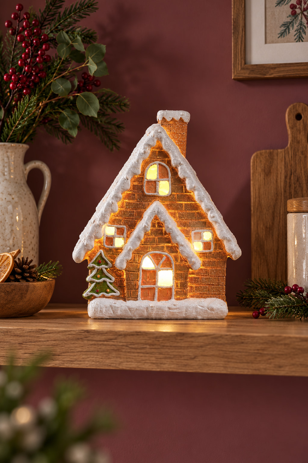 A glowing brown ceramic gingerbread house with white icing details and a small tree on its facade, on a kitchen shelf.