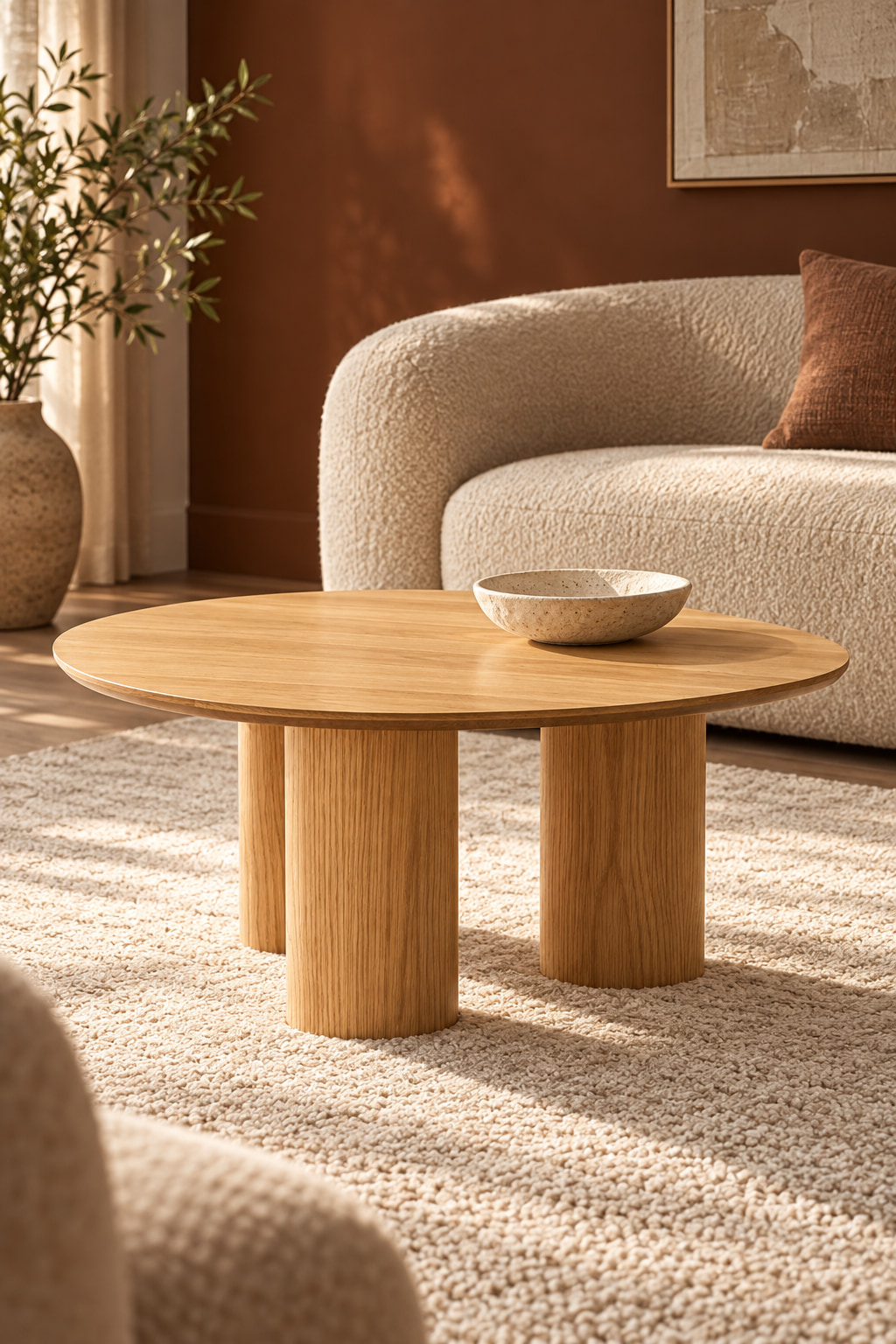 Oak-effect pebble-shaped coffee table with three rounded legs beside a cream chair.