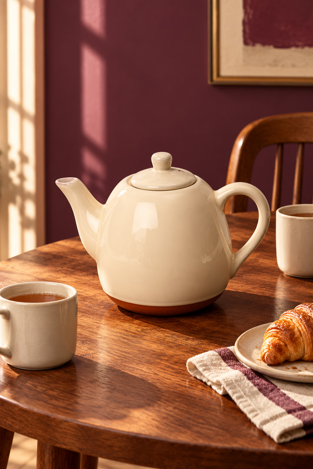 A rounded cream-glazed terracotta teapot beside two mugs on a chestnut table, against a plum-coloured wall.