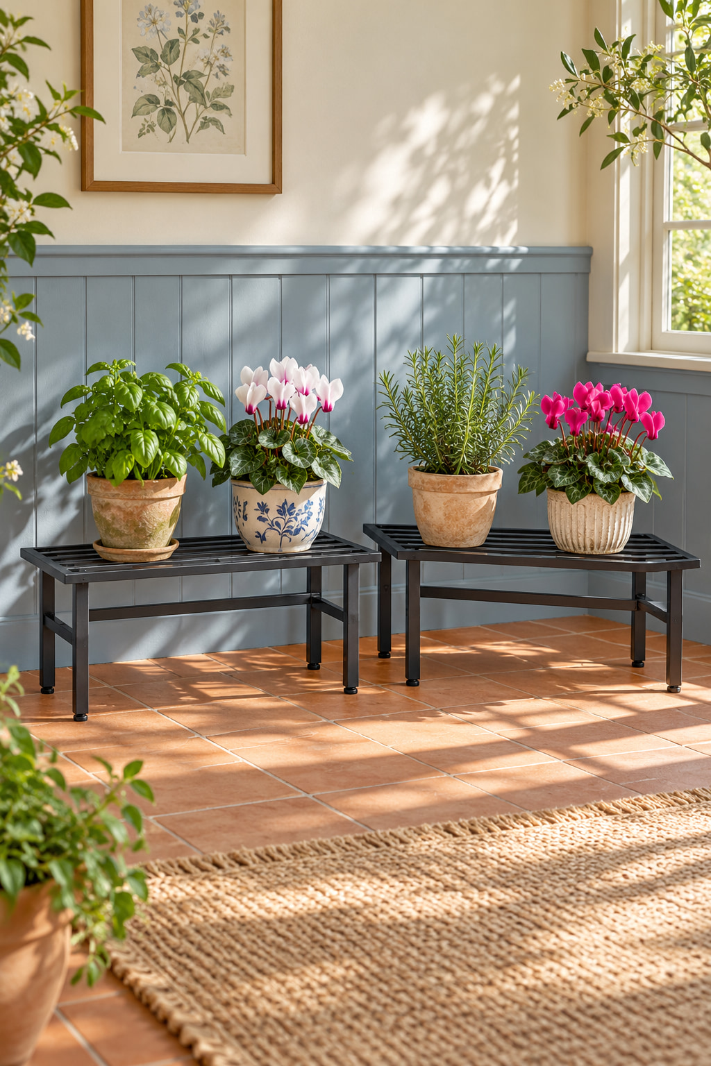 Illustrated porch with two low black slatted metal plant benches holding herbs and pink cyclamen against pale blue panelling on a terracotta floor.